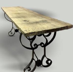 Spanish Wrought Iron and Walnut Top Console
